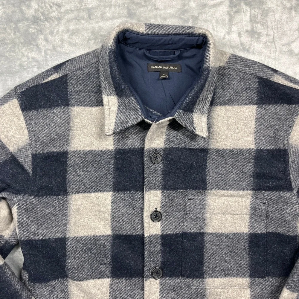 Banana Republic Lined Flannel Shirt Jacket Mens Navy Grey‎ Buffalo Plaid Small